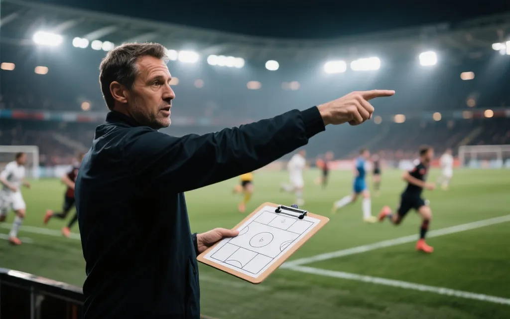 教练在场边指挥与战术板示意，体现战术风格影响比赛节奏